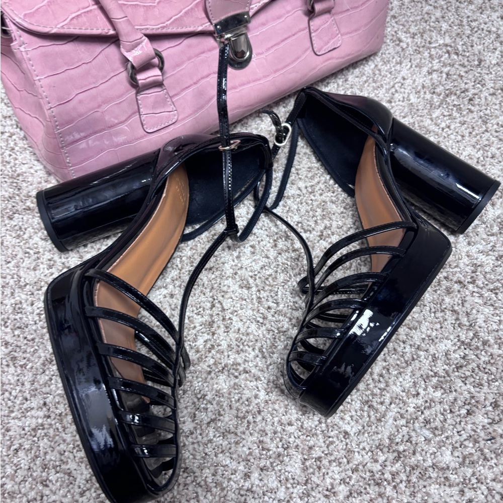 Sezane platform Glossy Black Strappy Heels